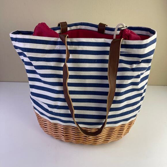 Picnic Time Coronado Canvas and Willow Basket Tote Navy Blue White Striped - Picture 4 of 16